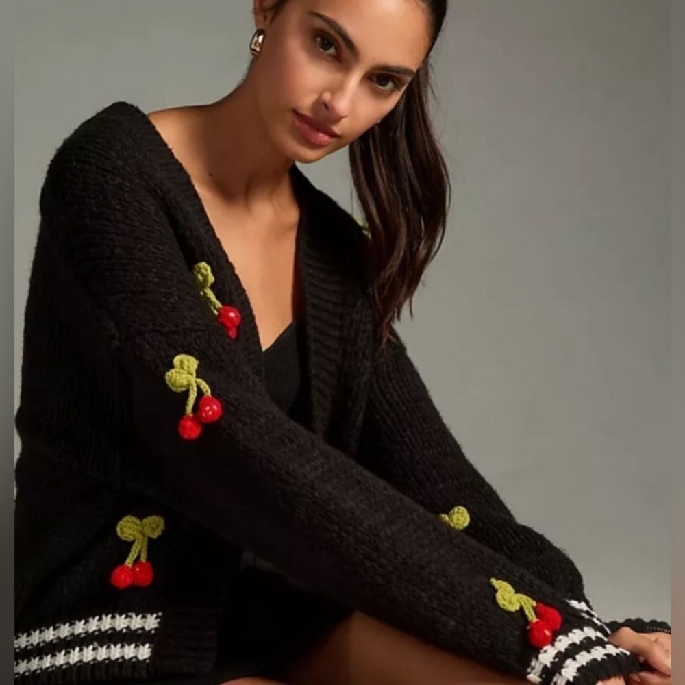 Anthropologie Maeve 3D Fruit Varsity Cardigan Sweater Cherry 🍒 One Size